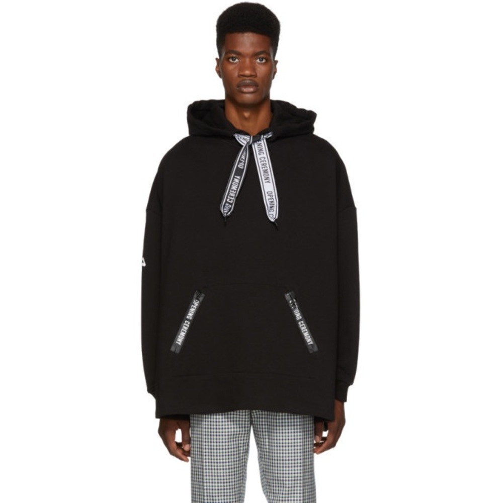 Opening Ceremony Black Logo Poncho Hoodie Front Zip Pockets Dropped Shoulder